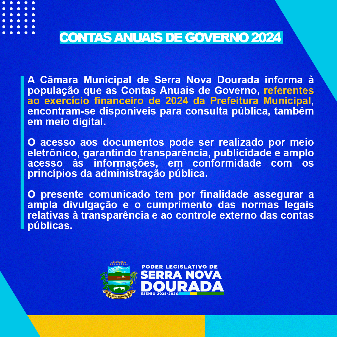 Imagem da notícia: CONTAS ANUAIS DE GOVERNO - 2024 - DISPONÍVEL TAMBÉM EM MEIO DIGITAL